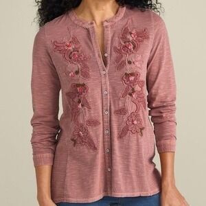 Soft Surroundings Women Top Floral Embroidered Button Front Mauve Purple Large